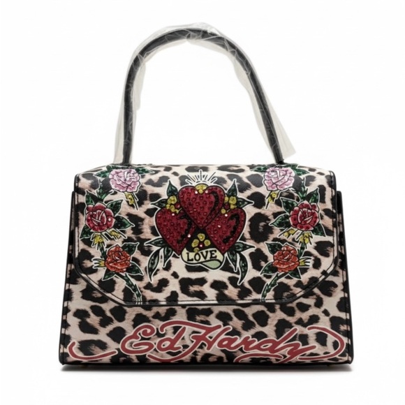 NWT Ed Hardy Leopard Print Rhinestone Handbag Crossbody - Picture 1 of 10